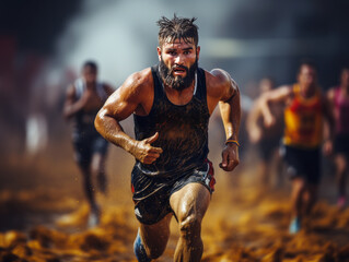 Muddy obstacle race runner in action Generative AI - obrazy, fototapety, plakaty