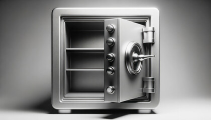 Metal safe with a open door on a gray background. Generative AI