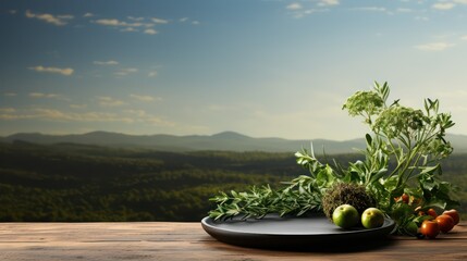 Composition with variety of raw organic vegetables with beautiful scenery