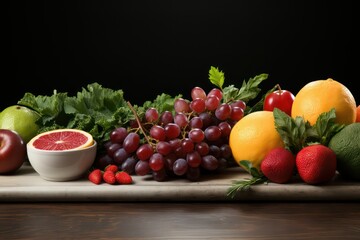 Fresh cut fruits and berries on the cutting board on black background