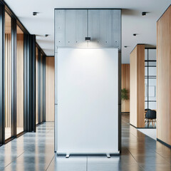 Blank white poster stand in modern office lobby with wooden walls, mockup. Generative AI - obrazy, fototapety, plakaty