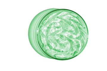 Transparent cosmetic green gel in a Petri dish. View from above. On an empty background.