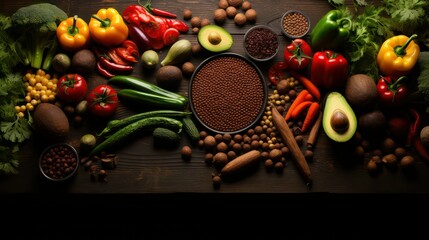Vegetables and spices on black wooden backgrounded table from top view