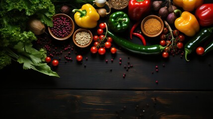 Vegetables chilies and spices on black wooden background