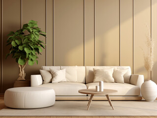 Chic and clean living space with beige tones and greenery. Generative AI