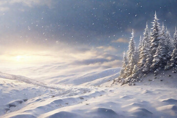 Winter landscape with snow covered fir trees in the mountains at sunset.