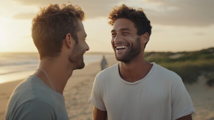 Gay love, non-traditional values and freedom of speech. Two young attractive guys are talking and smiling standing on the seashore in summer. Generative AI.