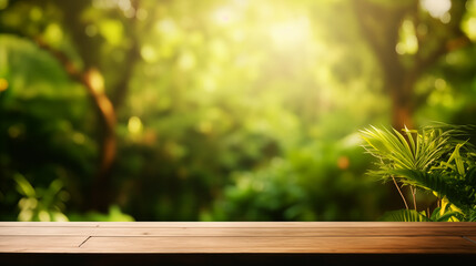 The empty wooden table top with blur background of forest . Exuberant image. soft focus background. copy space.
