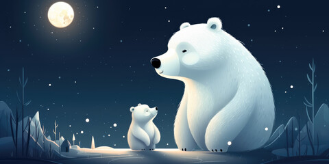 Obraz na płótnie Canvas Big white polar bear and polar bear cub sitting in snowy winter forest at night. Cute cartoon illustration. Beautiful background for banner and greeting card for Christmas, New Year, Winter holiday