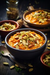 pumpkin curry oats with nuts, pumpkin seeds and cinnamon in white ceramic bowls, bold lines, vibrant color
