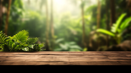 The empty wooden table top with blur background of forest . Exuberant image with empty rustic wooden table for mockup product display. soft focus background. copy space.