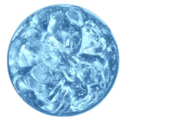 Transparent blue cosmetic gel in a round jar. View from above. On an empty background.