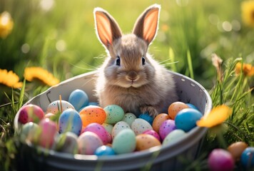 Fototapeta na wymiar rabbit in a bucket near easter eggs in the grass, soft focus lens, colorized, cute and colorful