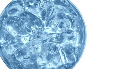 Transparent blue cosmetic gel in a round jar. View from above. On an empty background.