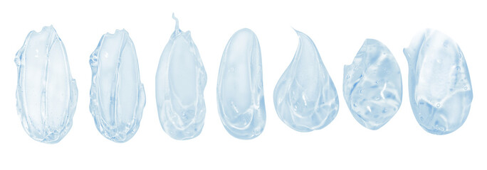 set of smears of transparent blue cosmetic gel. On an empty background.