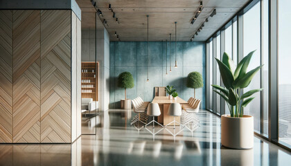 Interior of modern office room with gray and wooden walls, concrete floor, panoramic windows and armchairs. Generative AI - obrazy, fototapety, plakaty