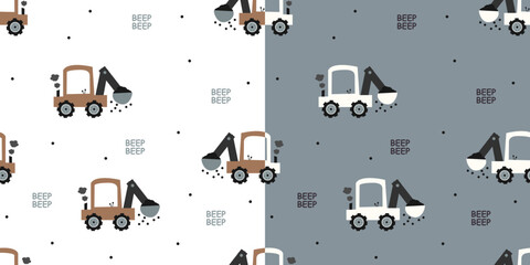 Cartoon vehicles vector seamless pattern,  cute kids bulldozer fabric pattern