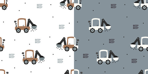Cartoon vehicles vector seamless pattern,  cute kids bulldozer fabric pattern © Lestio