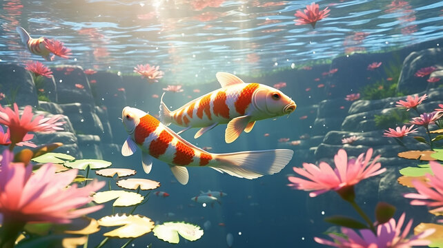 Koi fish swimming around the lotus bush, beautiful scenery, background, close-up
