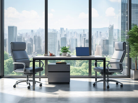 Urban office with expansive city view and natural light, Generative AI
