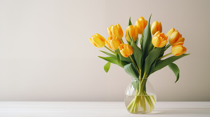 Bouquet of yellow tulips in a beautiful vase on table. Beautiful spring fresh flowers. Bright room flooded with sun. Floral romantic. Springtime blossom, tulips bunch. Women’s holiday. Generated AI