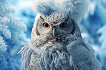 owl in hat on winter landscape. Generative Ai