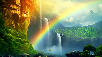 A waterfall in a forest with a rainbow in the background,Waterfall amidst Enchanting Forest with a Mesmerising Rainbow
