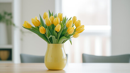 Bouquet of yellow tulips in a beautiful vase on table. Beautiful spring fresh flowers. Bright room flooded with sun. Floral romantic mood. Springtime blossom, tulips bunch. Women’s happy holiday. Gene