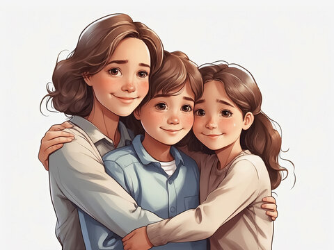 mother hugging her kids, illustration. Generative Ai
