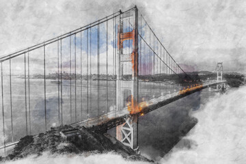 Illustration with Golden Gate Bridge,  San Francisco, USA