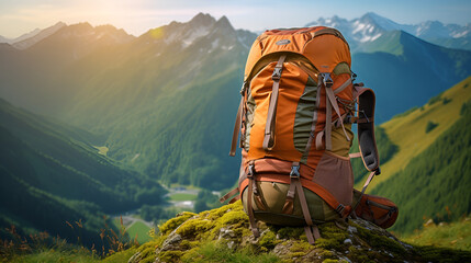 Climbing equipment set against a stunning mountain ,Hiking backpack in mountains Brown travel bag in nature with copy space Hike adventure tourism concept
