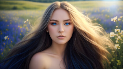 Fototapeta premium A stunning woman with long, flowing hair and piercing blue eyes stands in a field of wildflowers