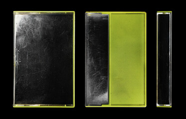 Colored cassette tape mockup set. used and full of scratches cassete tape case isolated - obrazy, fototapety, plakaty