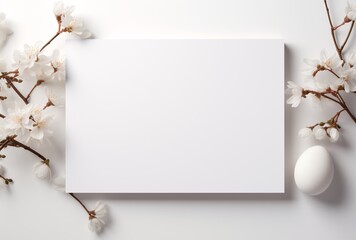 white blank board with flowers and easter eggs on white surface, card with empty space, printed matter, pigeoncore, synthetism-inspired