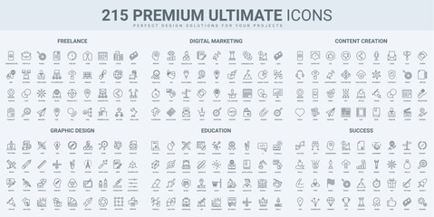 Graphic design, content advertising and marketing thin black line icons set vector illustration. Outline symbols of office and freelance remote job, SEO and success decision, education and portfolio