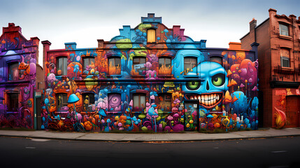 Fototapeta na wymiar Photo de graffiti sur des façades de maison et de bâtiments en milieu urbain