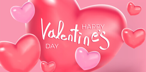 Vector banner for Valentine's day. Pastel pink and red 3D heart shape frame design and lettering with congrats. Simple, minimalistic, holidaybackground.