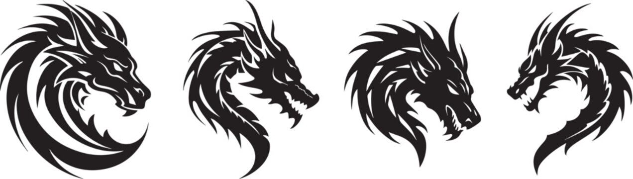 Dragon vector designs in different styles scorpion and dragon head, realistic and abstract dragon vector line design