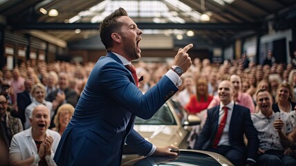 An auctioneer conducting a live car auction, showcasing the excitement and competitive nature of bidding - obrazy, fototapety, plakaty