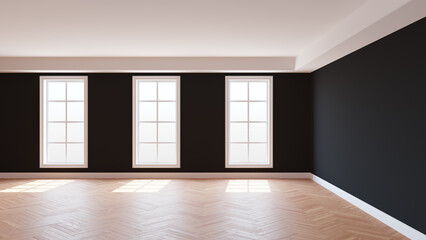 Beautiful Black Room with a White Ceiling and Cornice, Glossy Herringbone Parquet Floor, Three Large Windows and a White Plinth. Sunny Interior. 3D Rendering, 8K Ultra HD, 7680x4320, 300 dpi