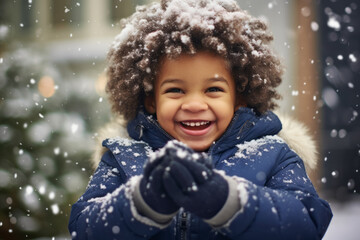 Young happy boy making a snowball outdoor