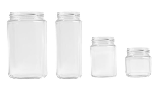 Kit. transparent glass jars of different shapes and sizes. on an empty background. PNG