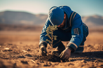 A farmer planting a tree at deserted land. Concept of world environment day planting forest, nature, and ecology.