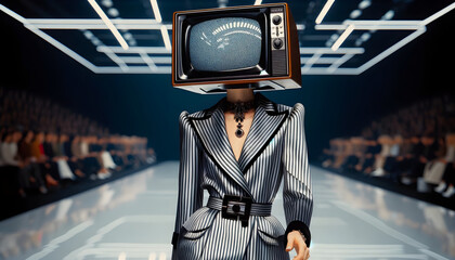 A high-fashion female model with a television for a head, Tv head, Retro style - obrazy, fototapety, plakaty
