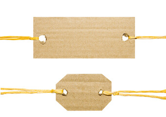Set/set of brown tags with cord or thread made of natural craft paper and cardboard. Different shapes and positions. Light colored thread. Cut out on a blank background. PNG