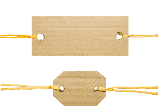 Set/set of brown tags with cord or thread made of natural craft paper and cardboard. Different shapes and positions. Light colored thread. Cut out on a blank background. PNG