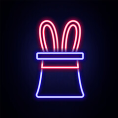 Glowing neon line Magician hat and rabbit ears icon isolated on brick wall background. Magic trick. Mystery entertainment concept. Colorful outline concept. Vector