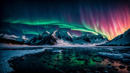 Poster Fantastically beautiful northern lights in the sky above the rocks. aurora borealis © Olena Kuzina