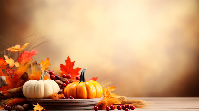 Thanksgiving Creative Illustration for your website banner with Turkey, Autumn Colors, copy space, colorful background, minimalist, warm and cozy, Celebrate the Fall Season with Gratitude