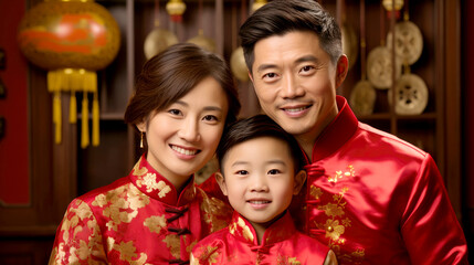 Obraz na płótnie Canvas Family photo, Chinese family wearing red traditional clothing in Chinese lunar New Year background